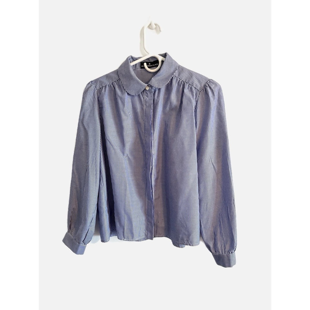 Pomander Place Blue White Striped Blouse Peter Pan Collar Size XS